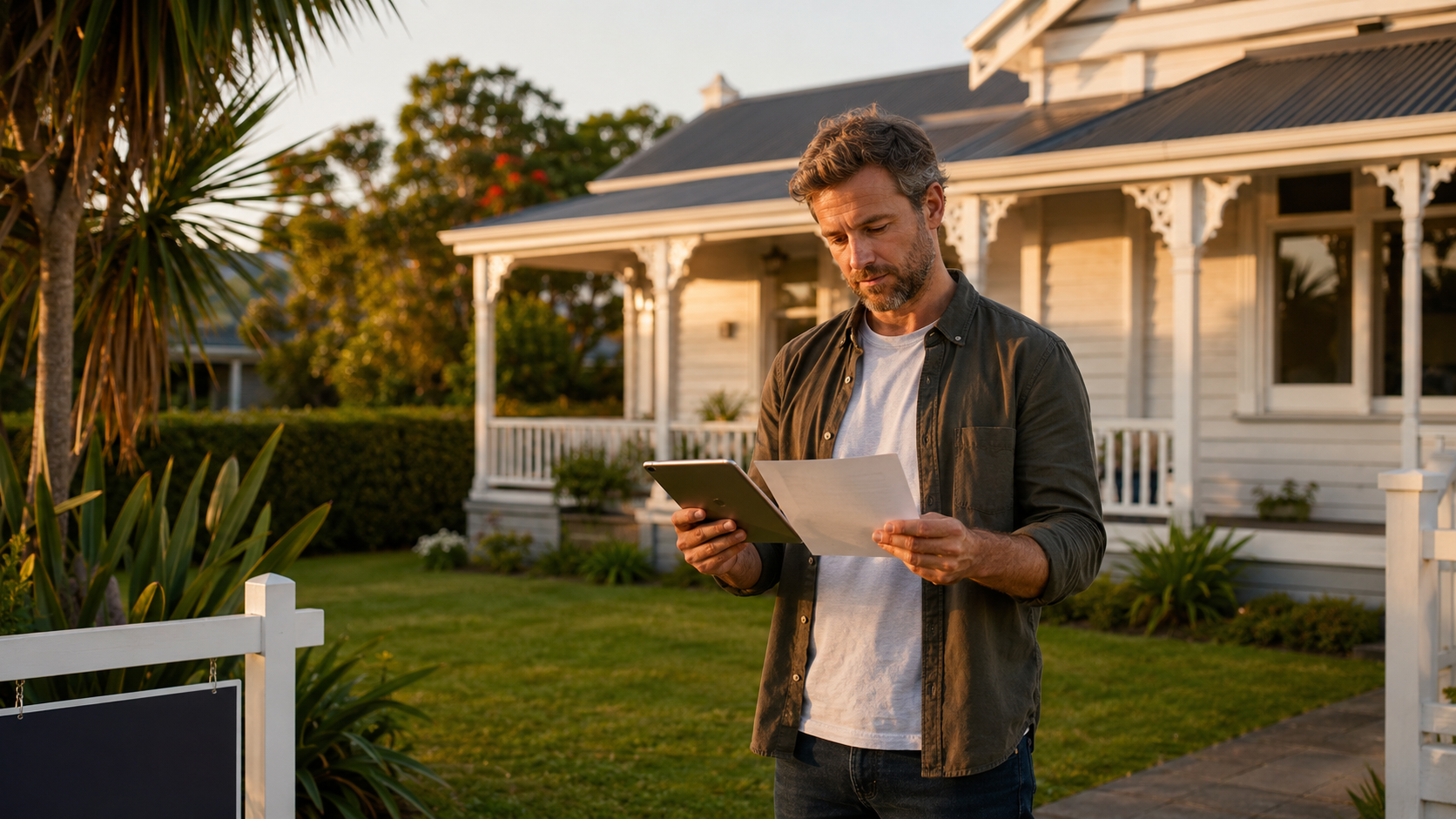 A NZ homeowner standing on the front lawn of a weatherboard villa at golden hour, looking at a paper and a tablet — deciding which agent to sign with.