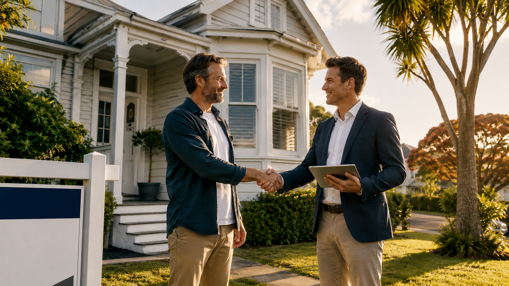 A New Zealand homeowner and a real estate agent shake hands on the front lawn of a weatherboard villa at golden hour.