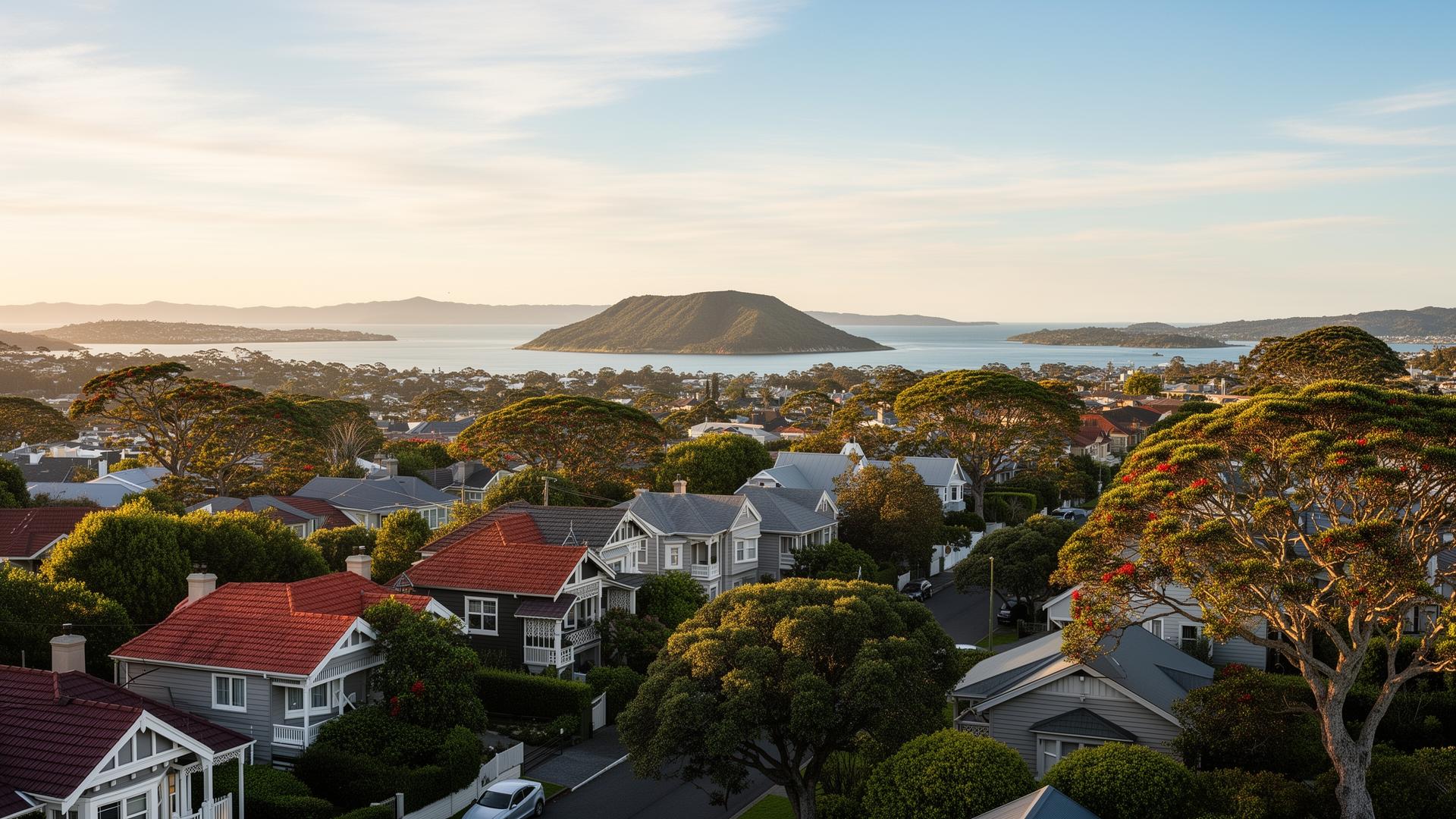 A wide view over suburban Auckland villas and tree-lined streets toward Rangitoto Island and the Waitemata Harbour.
