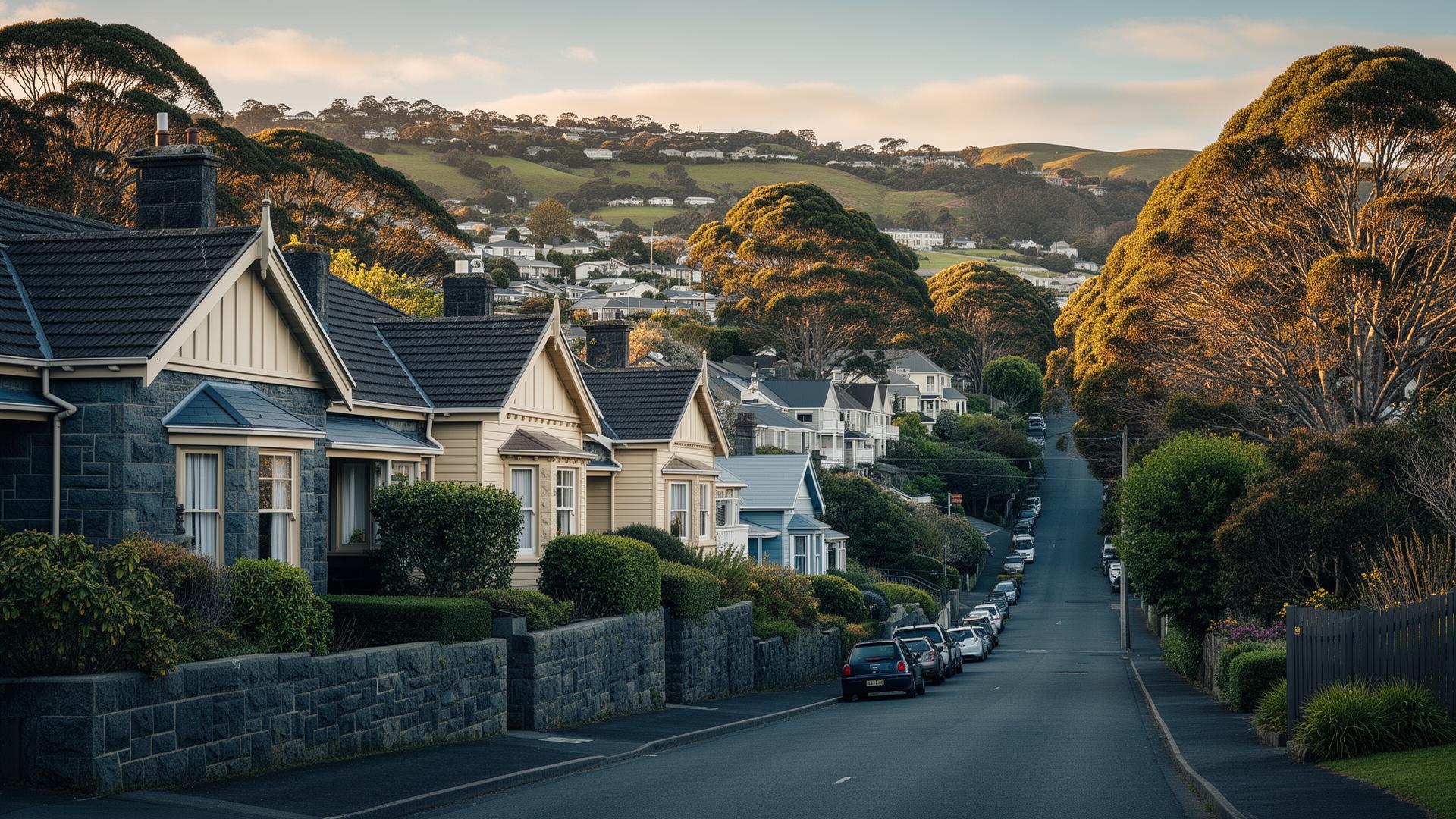 A typical Maori Hill or Roslyn streetscape — character bluestone and weatherboard bungalows climbing a Dunedin hillside.