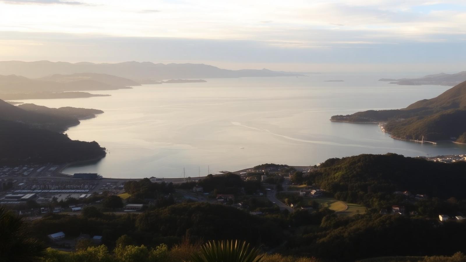 Tasman Bay from above central Nelson at golden hour — the lifestyle-and-sun market that defines the top of the South Island.