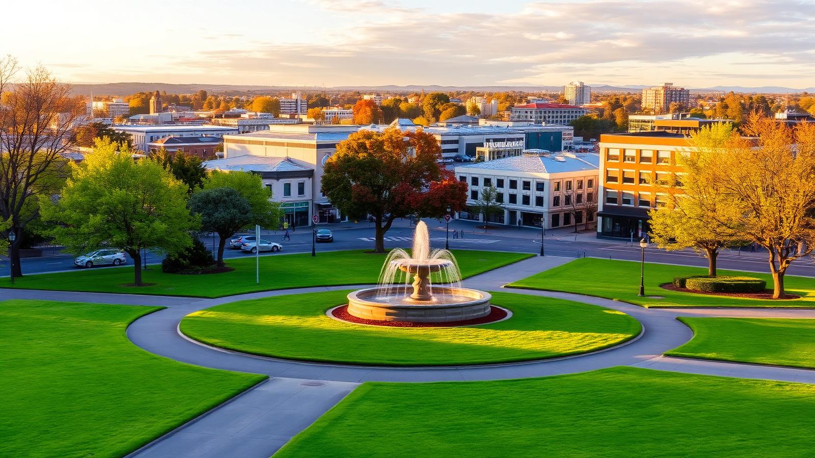 The Square in central Palmerston North at golden hour — the heart of a city shaped by Massey University, the Defence Force, and a flat, family-friendly housing market.