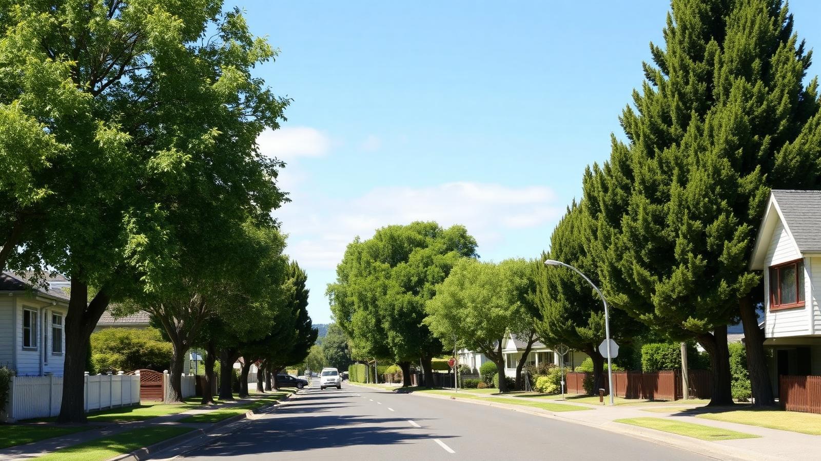 A typical Hokowhitu or West End street in Palmerston North — mature trees and traditional weatherboard family homes.