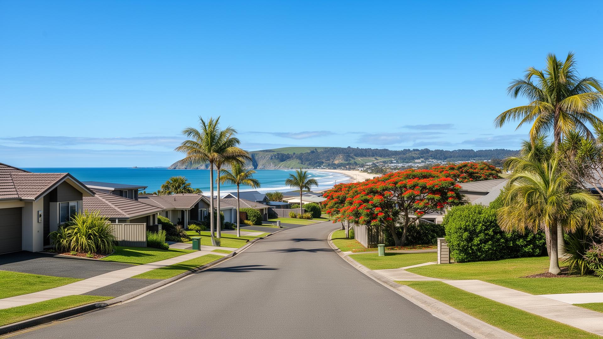 A typical Bay of Plenty coastal residential street, sunny day — the lifestyle-driven housing stock that defines Mount Maunganui, Papamoa, and Pyes Pa.