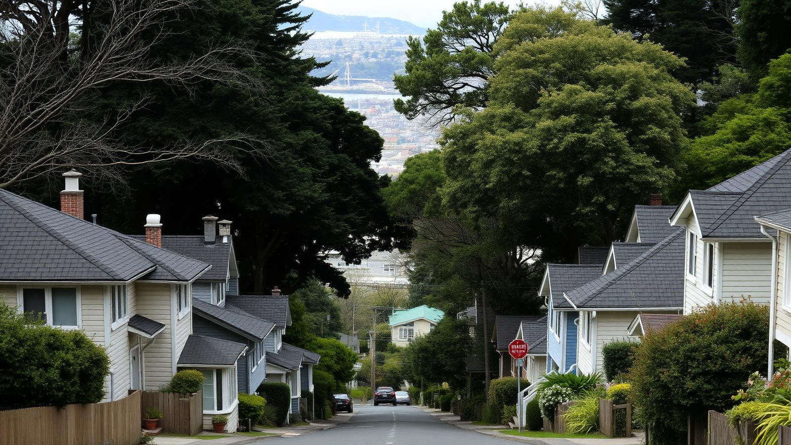 A typical Wellington character streetscape — bungalows climbing a steep hillside with harbour glimpses, common in Mt Victoria, Brooklyn, and Karori.